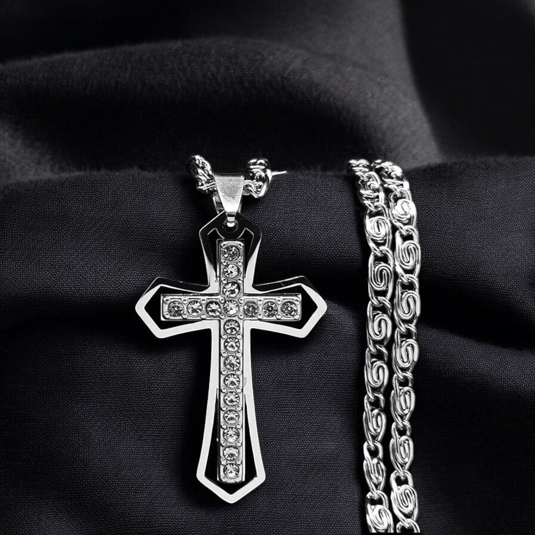 Collier homme, pendentif croix ZIRCOCROSS II ™ variante argent tissue noir
