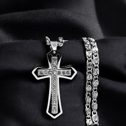 Collier homme, pendentif croix ZIRCOCROSS II ™ variante argent tissue noir