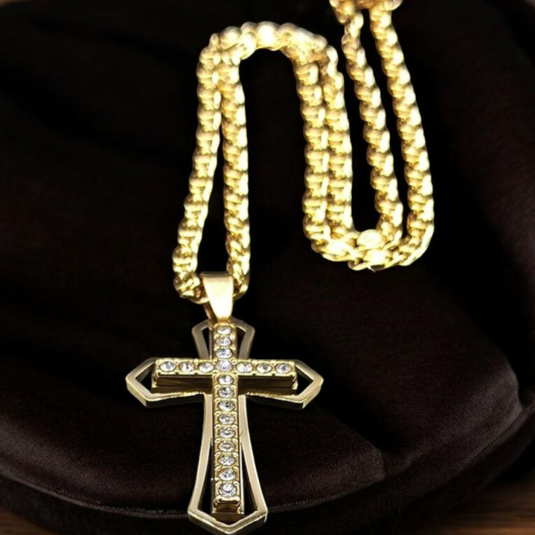 Collier homme, pendentif croix ZIRCOCROSS II ™ variante doree 