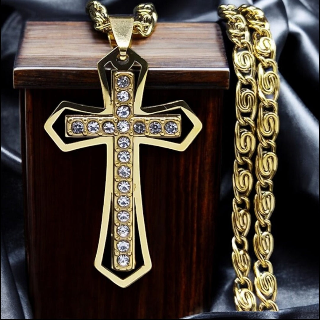 Collier homme, pendentif croix ZIRCOCROSS II ™ variante doree boite bois