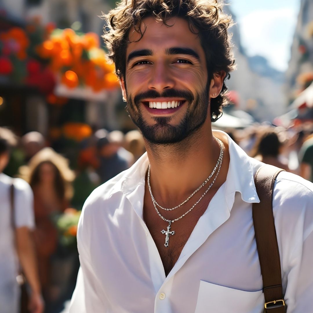 Collier homme, pendentif croix ZIRCO CROSS™ homme elegant chemise blanche foule