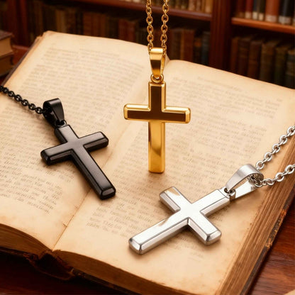 Collier homme pendentif croix classique Latine doré argent noire livre 