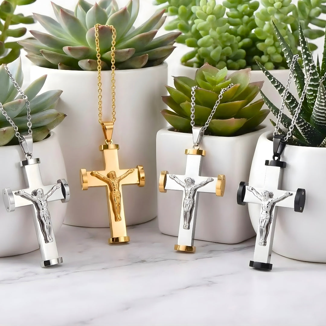 Collier homme, pendentif croix crucifix "Héritage Moderne" presentation quatre variantes marbre plantes