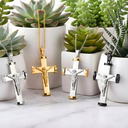 Collier homme, pendentif croix crucifix "Héritage Moderne" presentation quatre variantes marbre plantes