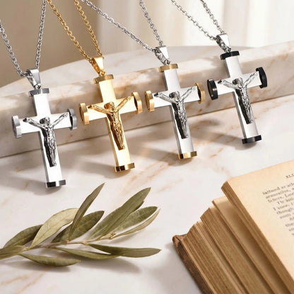 Collier homme, pendentif croix crucifix "Héritage Moderne" variantes livre marbre beige
