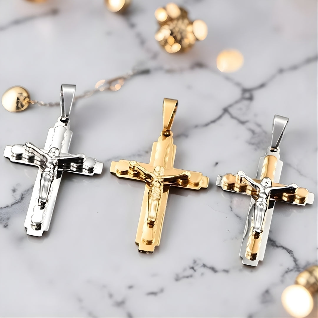 Collier homme, pendentif croix crucifix variantes tables marbre dore