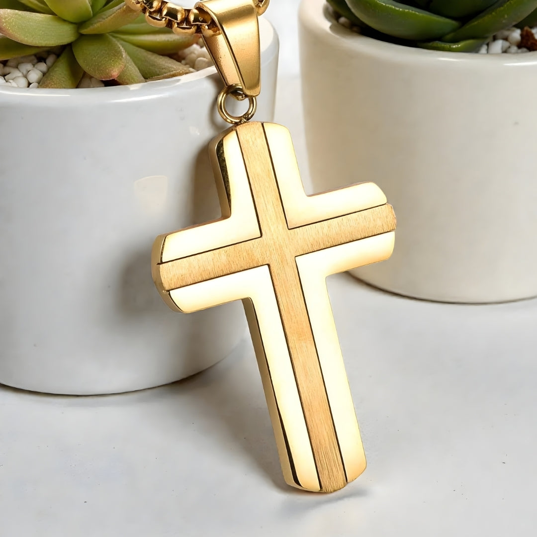 Collier homme pendentif croix "double couche variante dore
