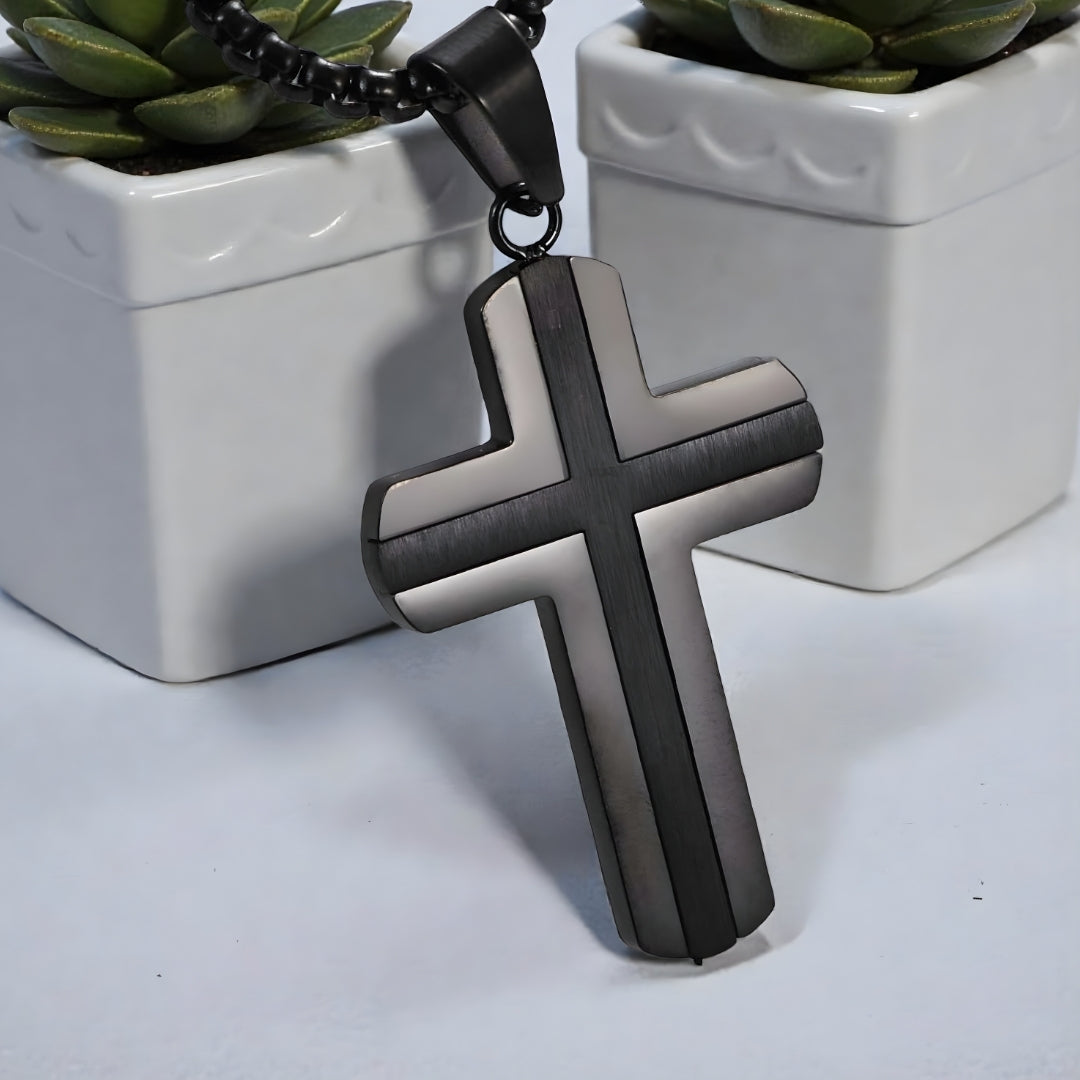 Collier homme pendentif croix "double couche variante noire