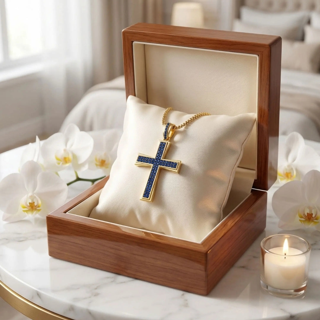 Collier homme, pendentif croix en zircon "Héritage Pavé" bleue presentation boite bois maison confortable