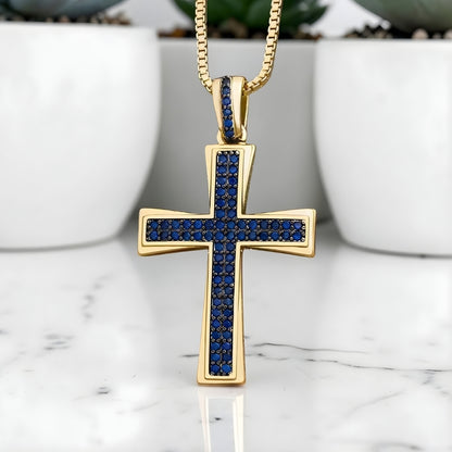 Collier homme, pendentif croix en zircon "Héritage Pavé" variante bleue dore