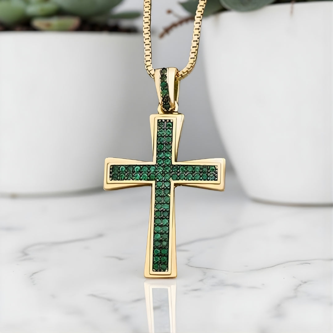 Collier homme, pendentif croix en zircon "Héritage Pavé" verte variante