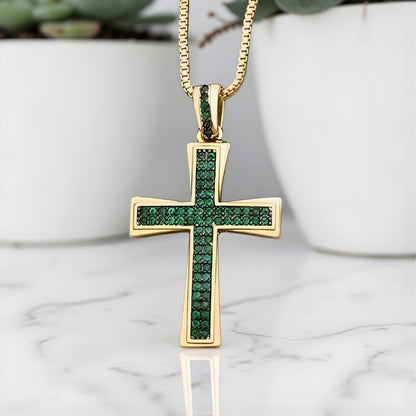 Collier homme, pendentif croix en zircon "Héritage Pavé" verte variante