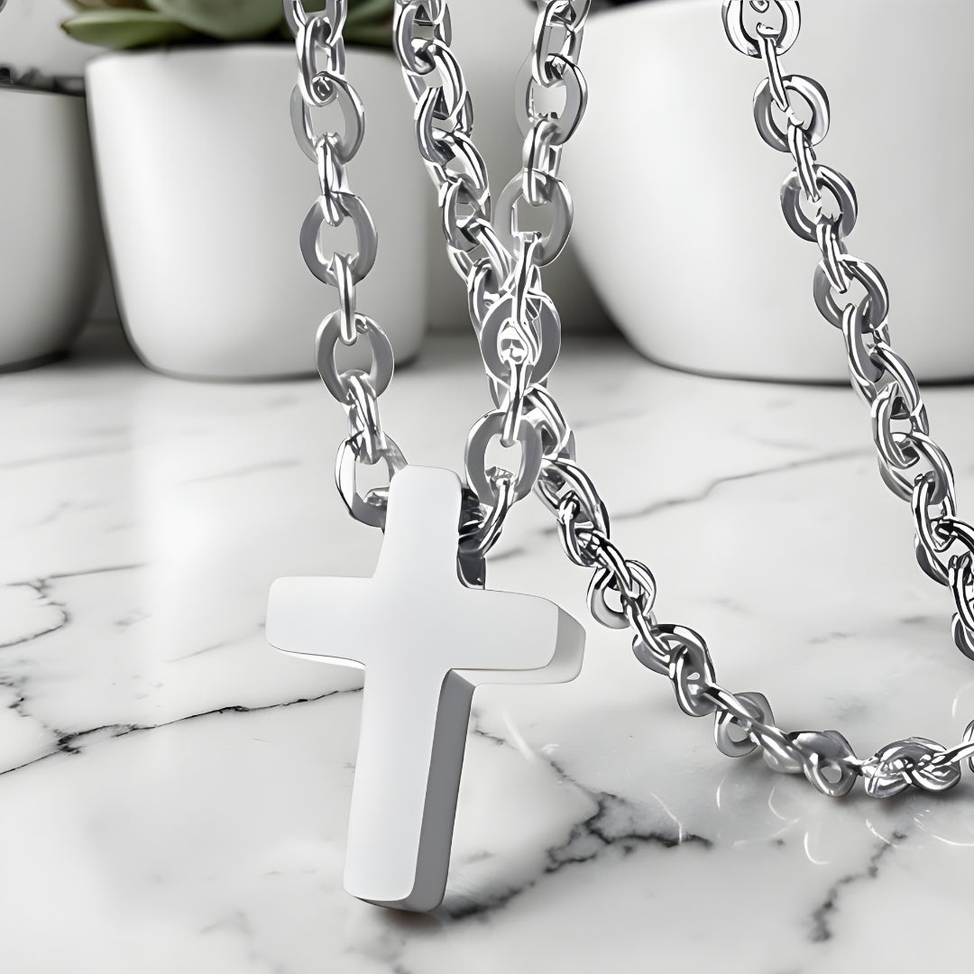 Collier homme, pendentif croix miniature "L'Urban Cross" variante argent marbre