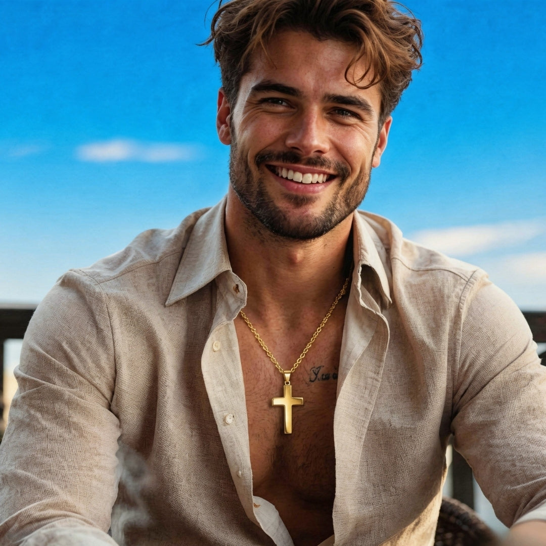 Collier homme pendentif croix minimaliste dore chemise lin  ciel bleue