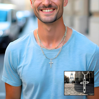 Collier homme, pendentif croix vides HOLLOW CROSS™ argent t-shirt bleu ciel 