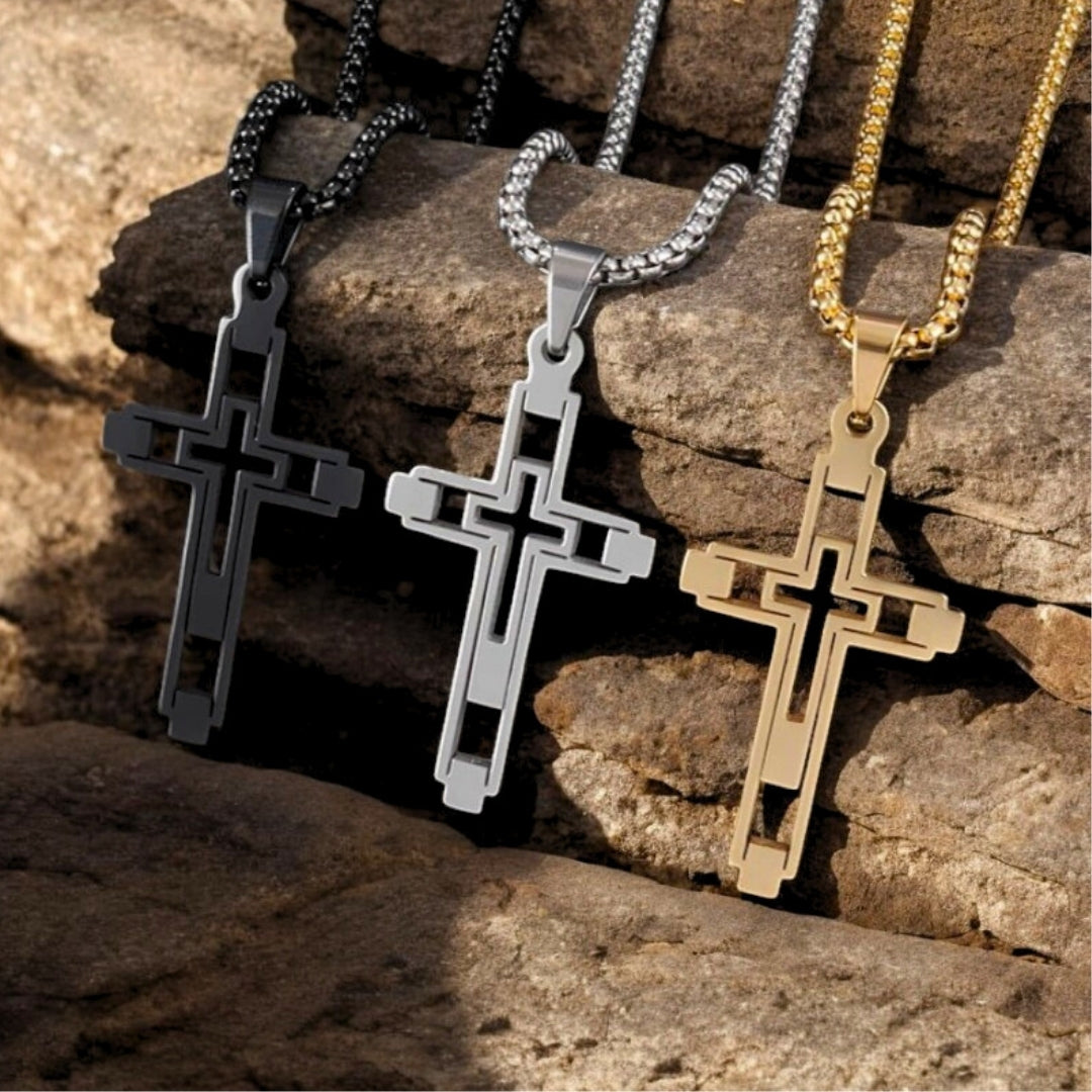 Collier homme, pendentif croix vides HOLLOW CROSS™ noire argent dore pierres