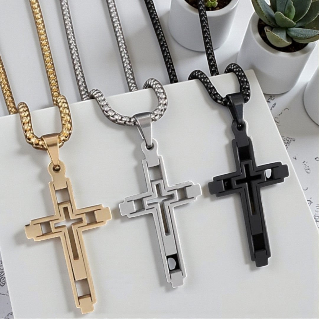 Collier homme, pendentif croix vides HOLLOW CROSS™vargent doree noire presentation