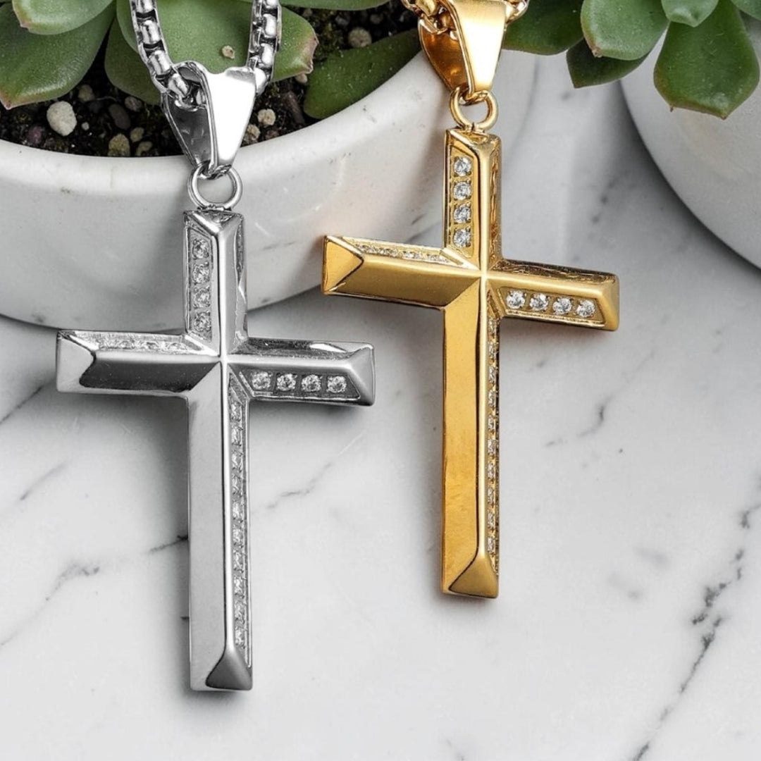 Collier pour homme, pendentif "Croix Éternelle argent doré marbre plantes