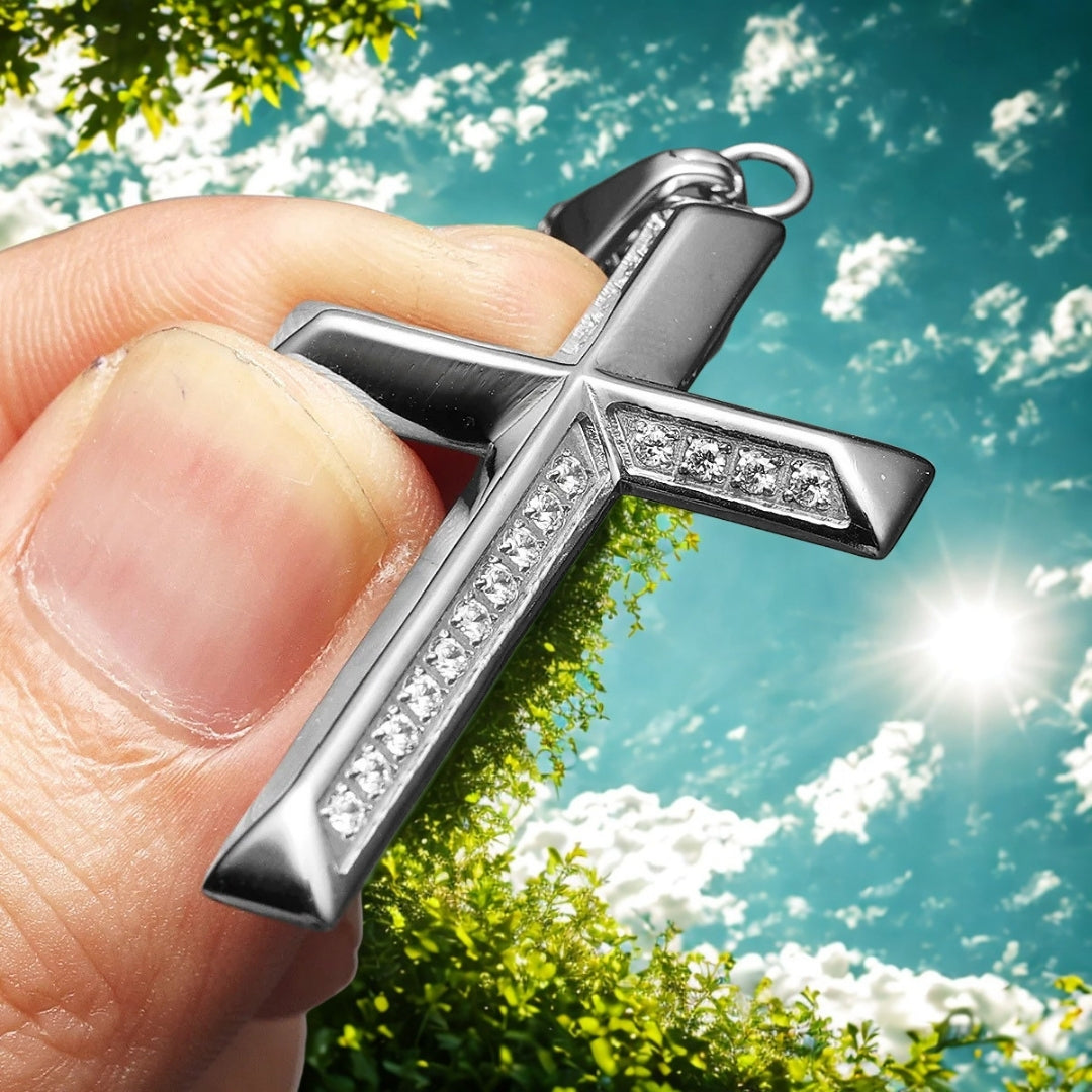 Collier pour homme, pendentif "Croix Éternelle argente details arbre ciel soleil 
