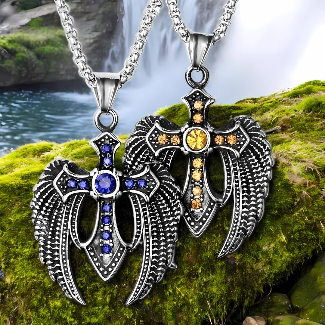 Colliers-homme - pendentif - croix ailée-jaune-bleu-chute-eau-mousse verte