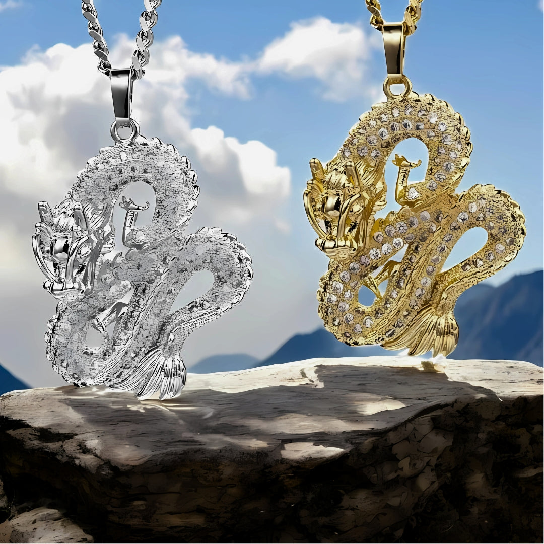 DRAGON CHINOIS LUXE DISCRET dore  argent presentaion nature montagnes