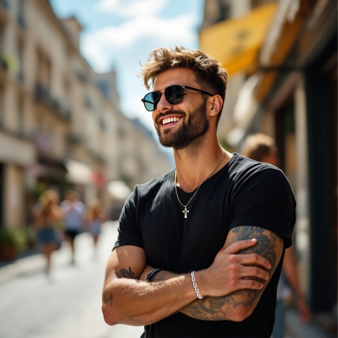 Homme moderne collier homme bracelet homme t-shirt noir rue  ciel bleu Paris