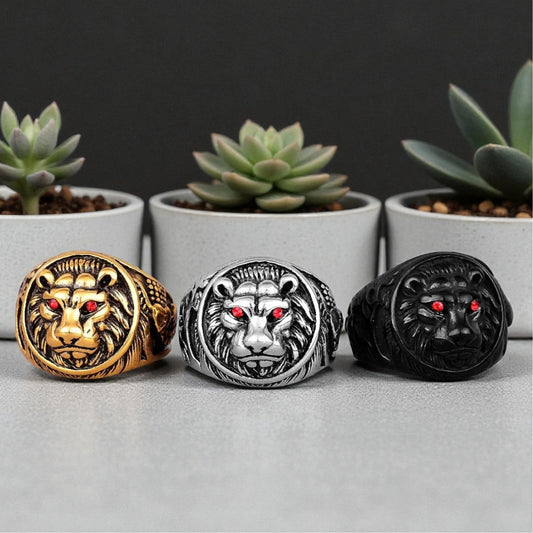 LA BAGUE HOMME LION RINGS ROUGES TROIS VARIANTES DORÉ ARGENT NOIR PRESENTATION