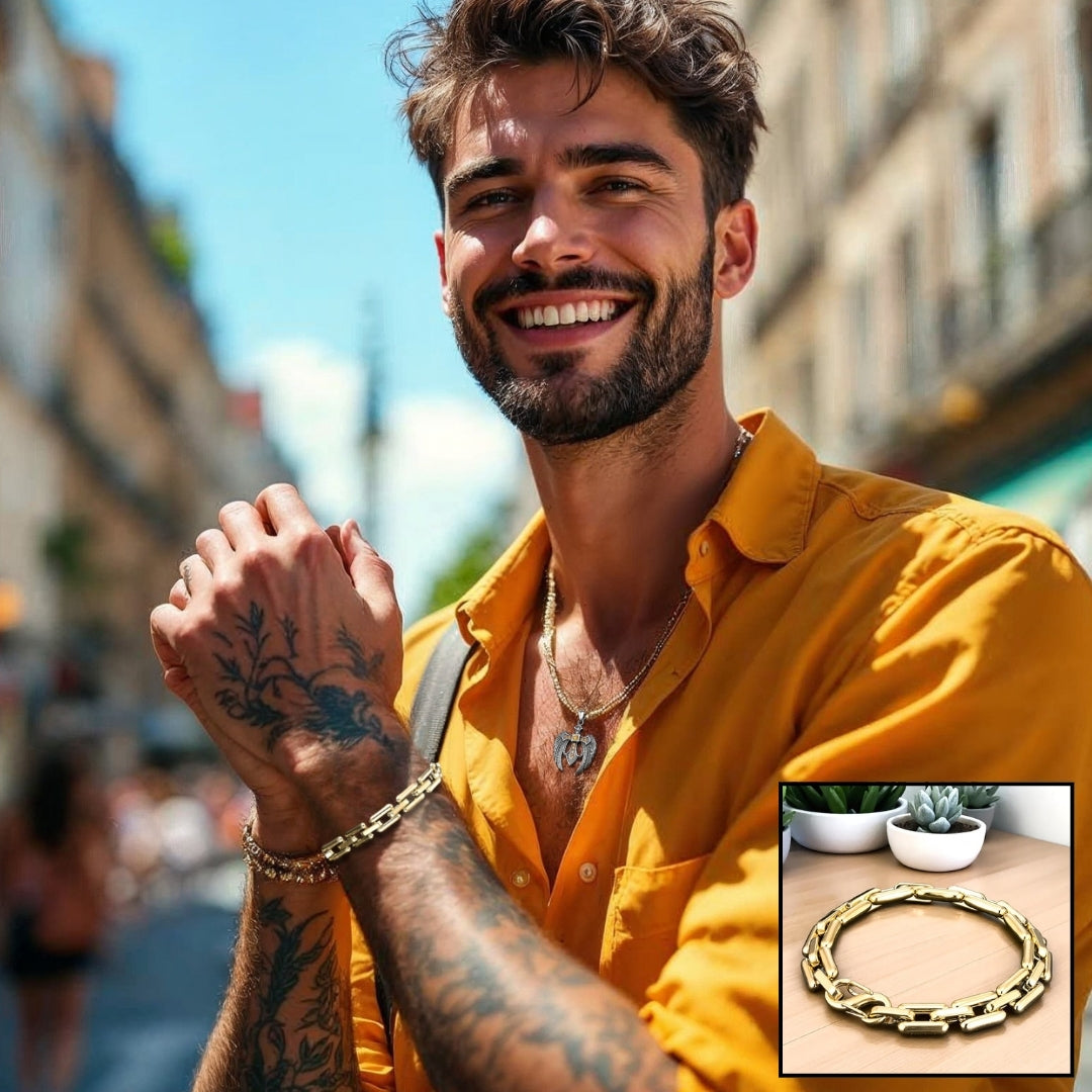 LE BRACELET HOMME MASCULET II™ dore chemise jaune collier 