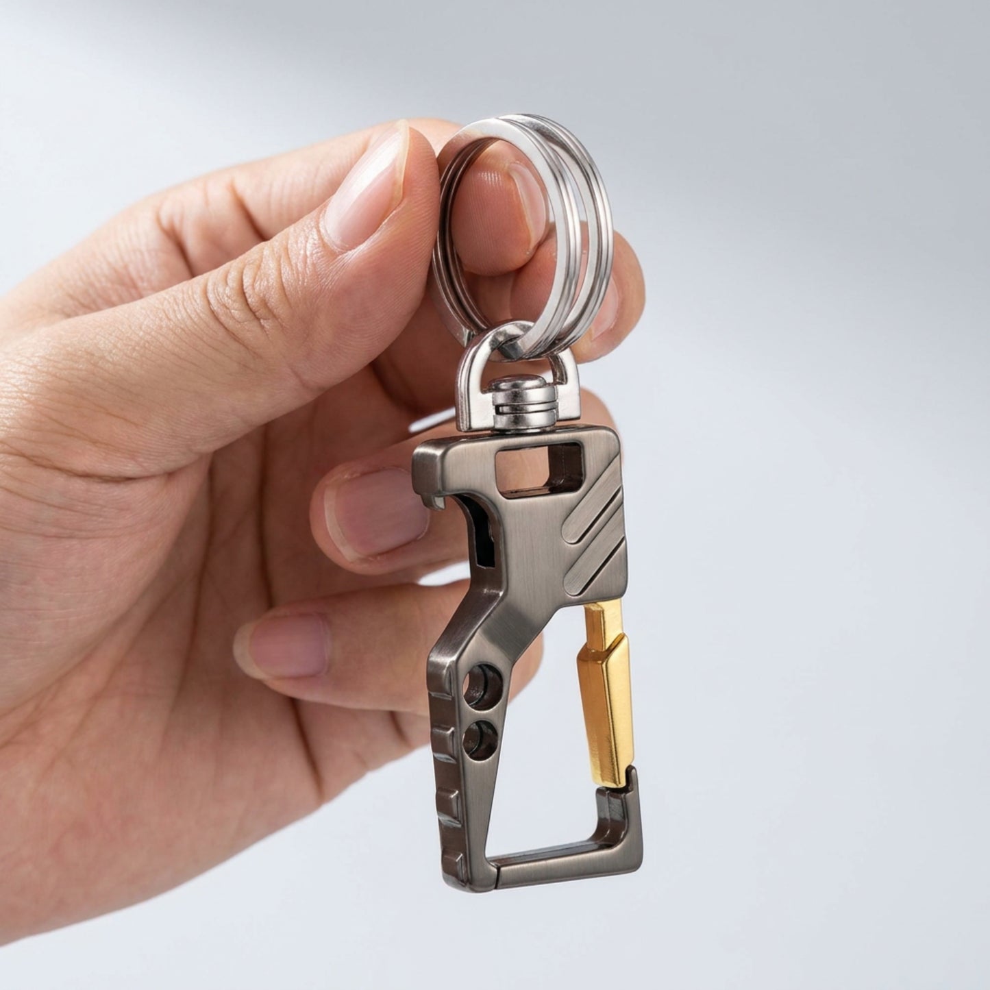 "Main tenant le porte-clé CARABINER finition gun black avec double anneau et mousqueton doré mmihommesmodernes.com"