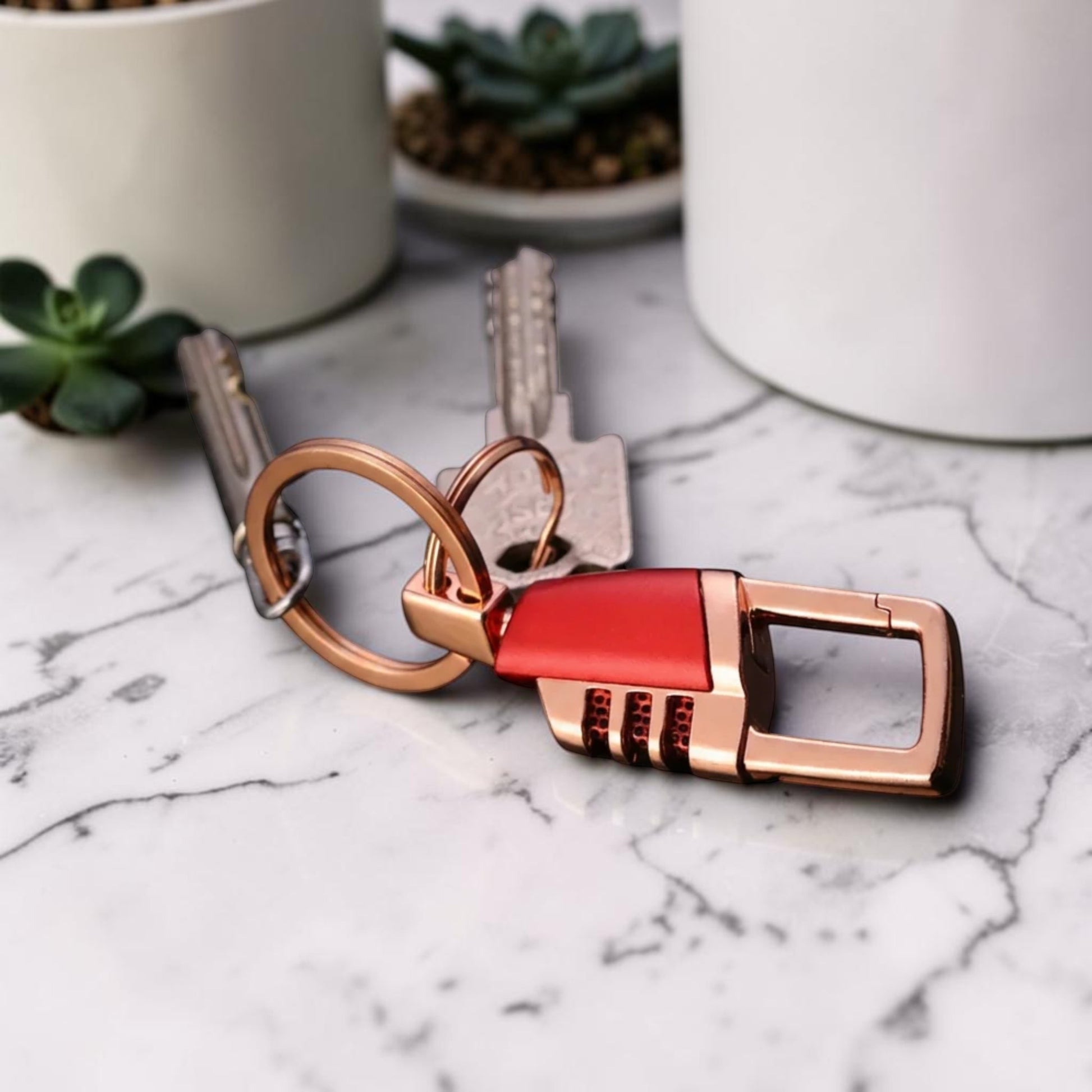 Porte-clés Titan Lock trois variantes dore avec clé marbre presentation