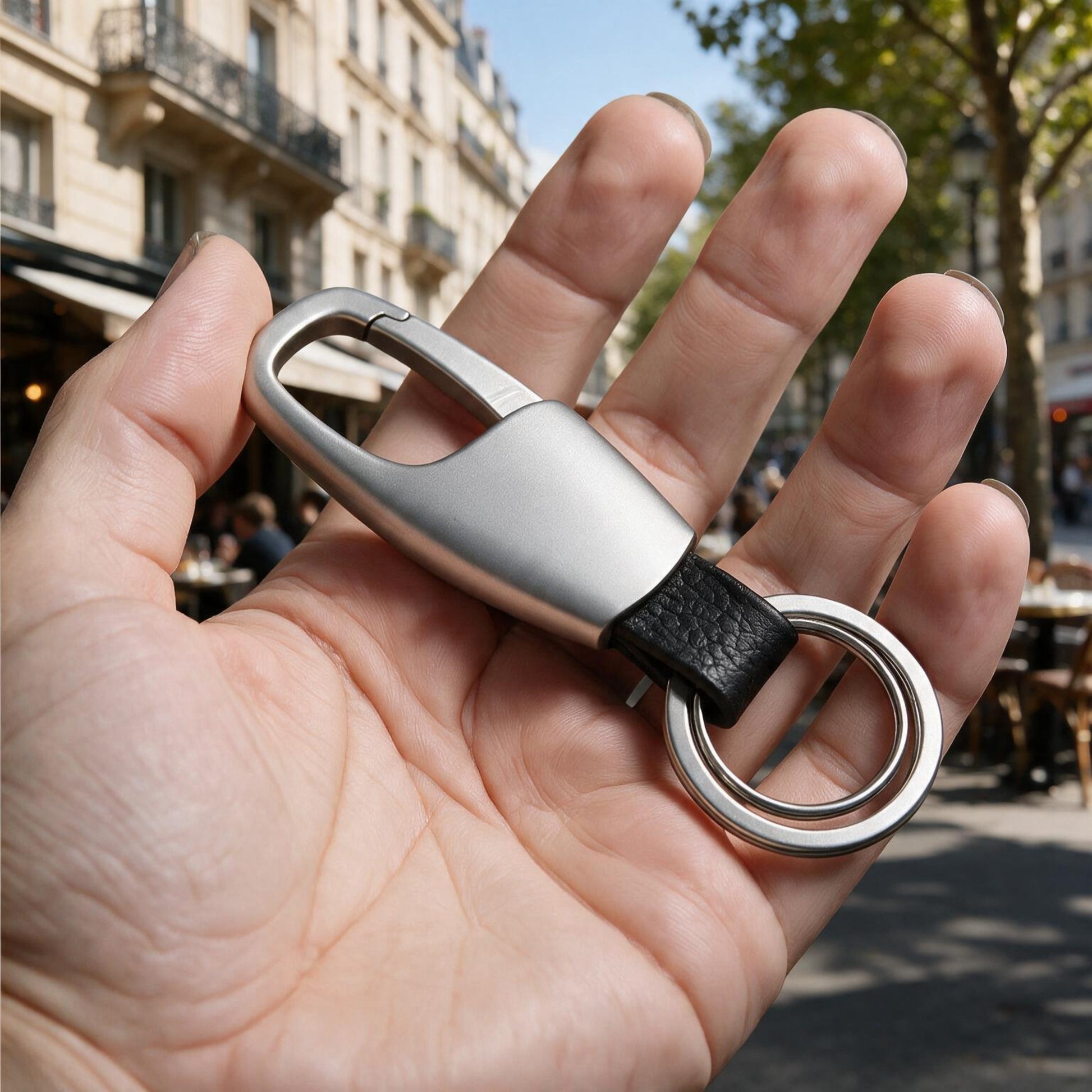 Porte-clés de luxe | Cuir & Alliage Premium  «Minimalist argent mais Paris 