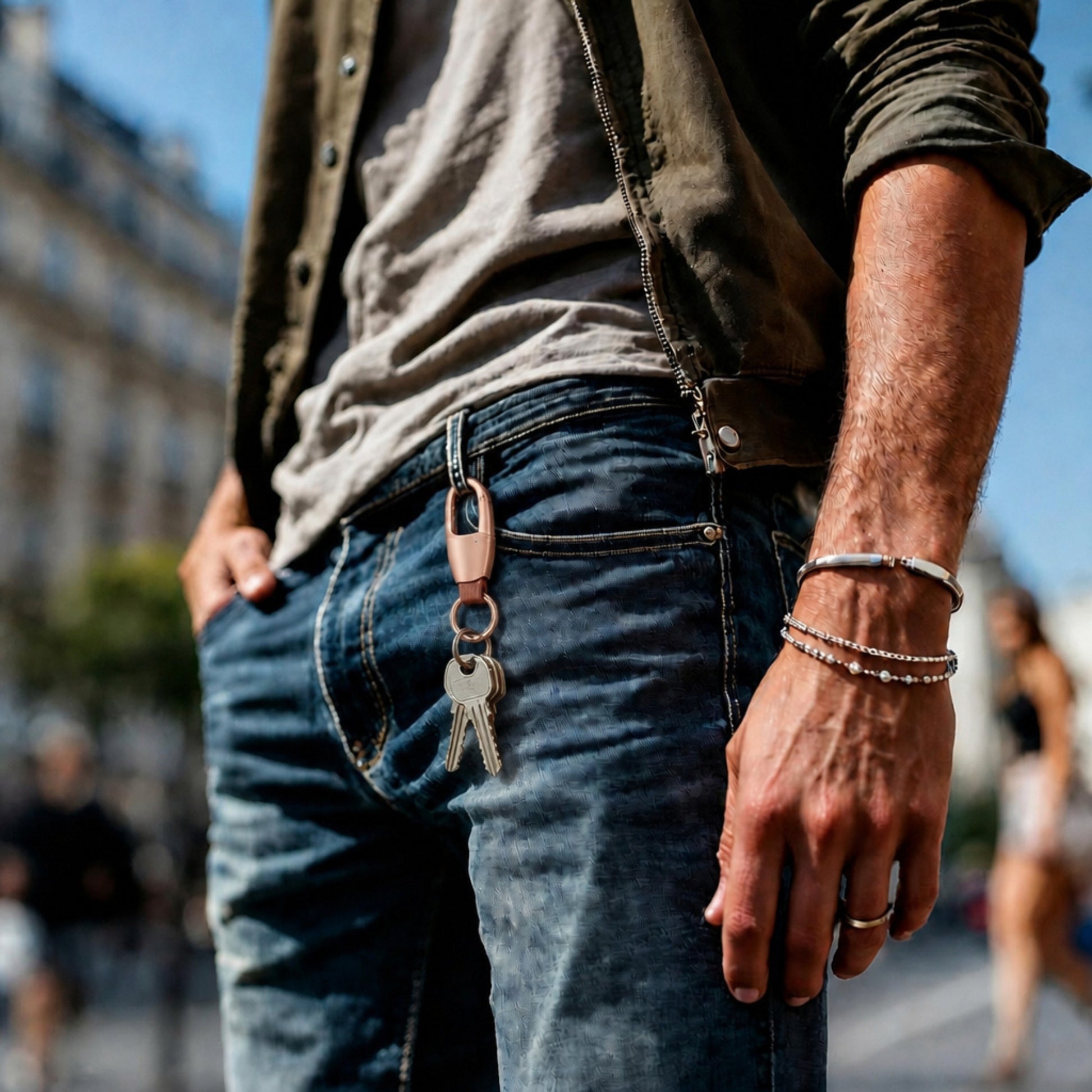 Porte-clés de luxe | Cuir & Alliage Premium  «Minimalist »dore jeans chemise rue Paris