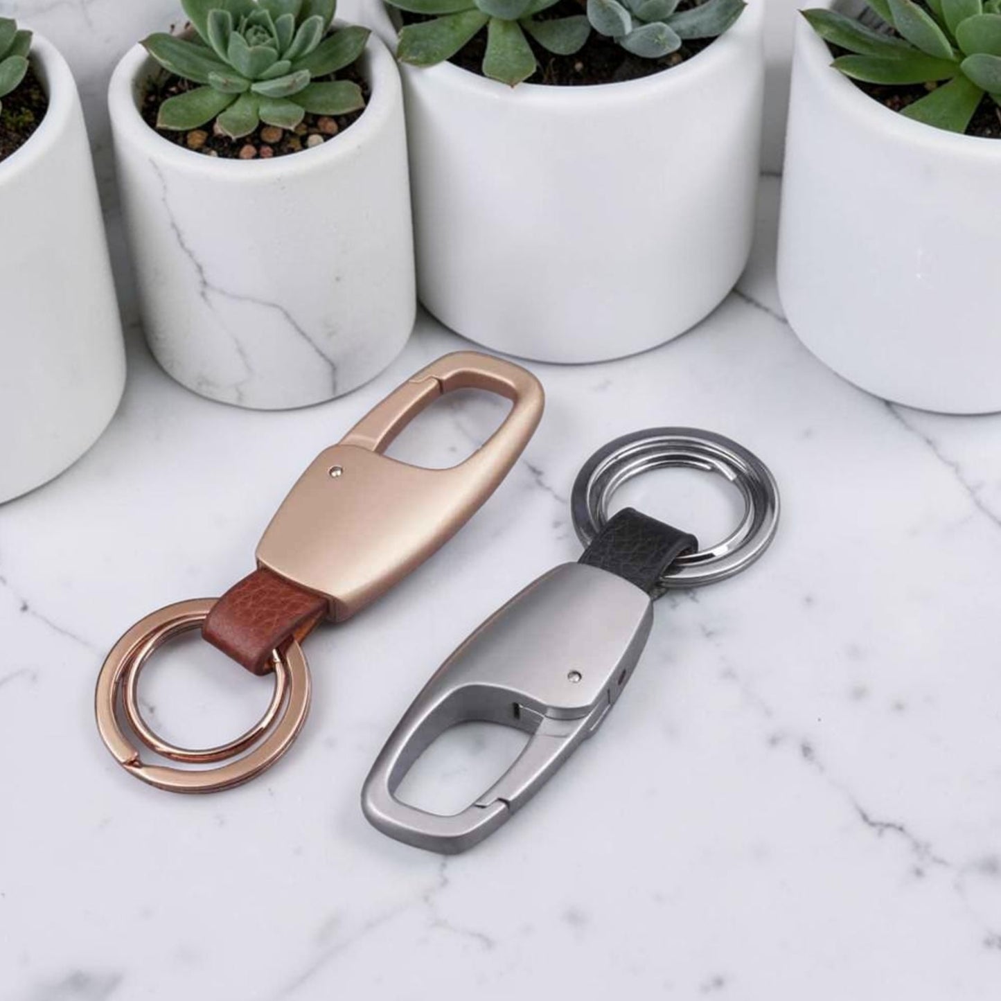 Porte-clés de luxe | Cuir & Alliage premium Minimalist argent doré marbre plantes