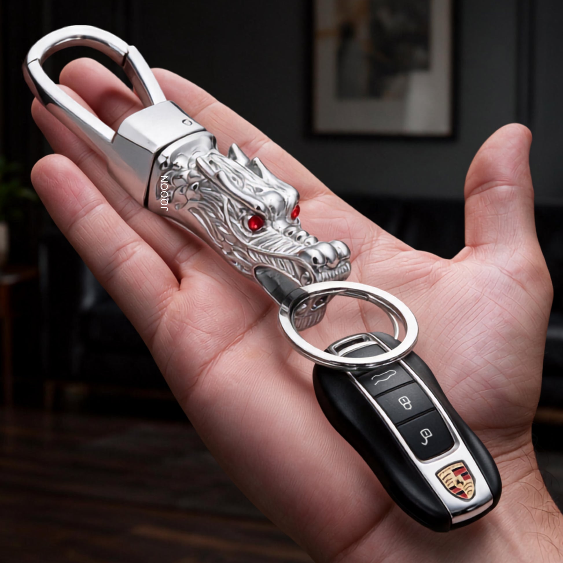 Porte clé homme luxe | tête de dragon chinois "Dragon Guard" argent main clé voiture Porsche