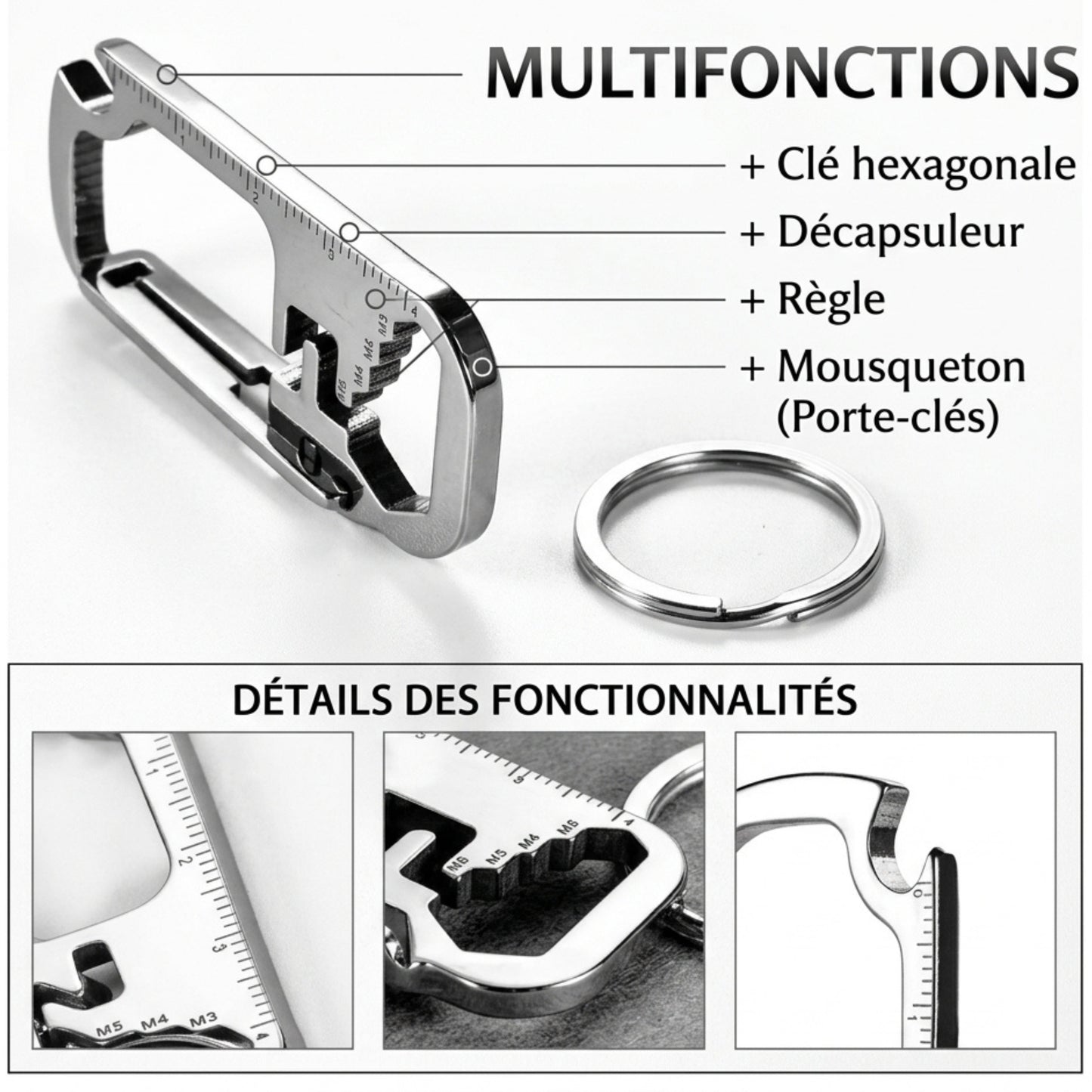 Porte clé multifonction TactikPro fonctionnalités clé hexagonale décapsuleur règle mousqueton mmihommesmodernes.com