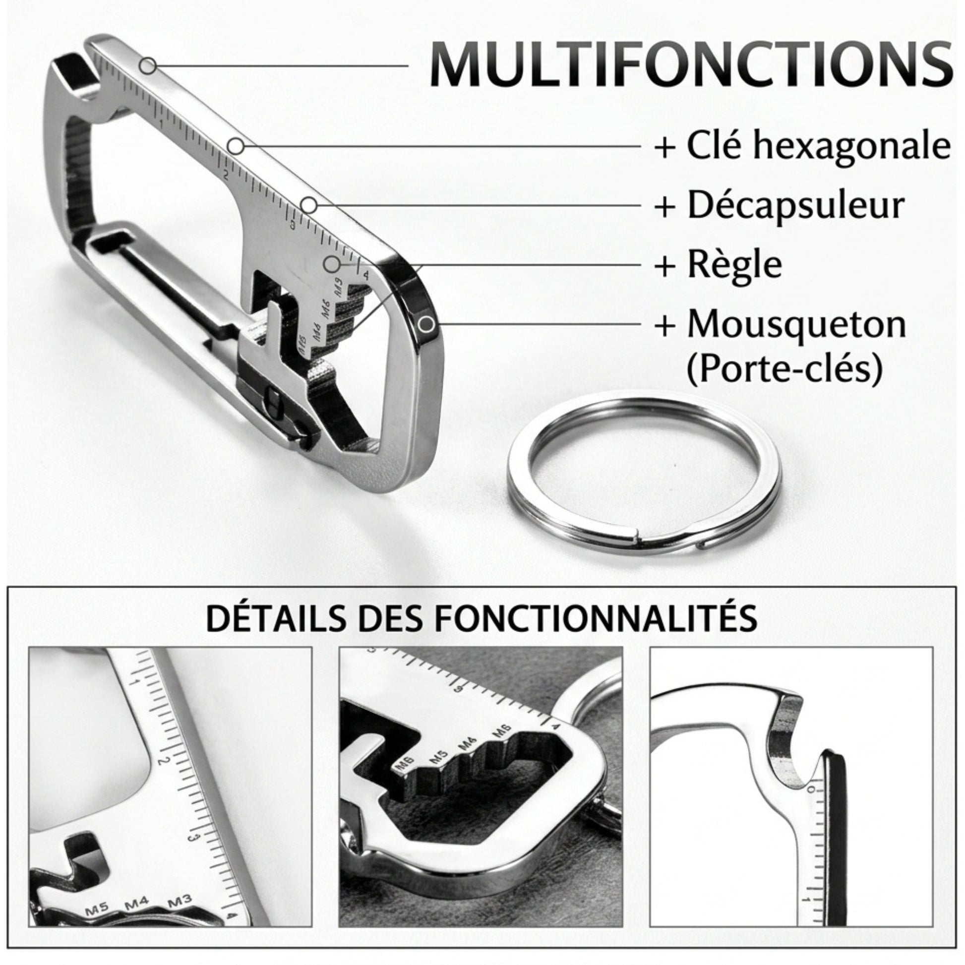 Porte clé multifonction TactikPro fonctionnalités clé hexagonale décapsuleur règle mousqueton mmihommesmodernes.com