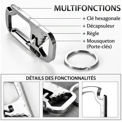 Porte clé multifonction TactikPro fonctionnalités clé hexagonale décapsuleur règle mousqueton mmihommesmodernes.com