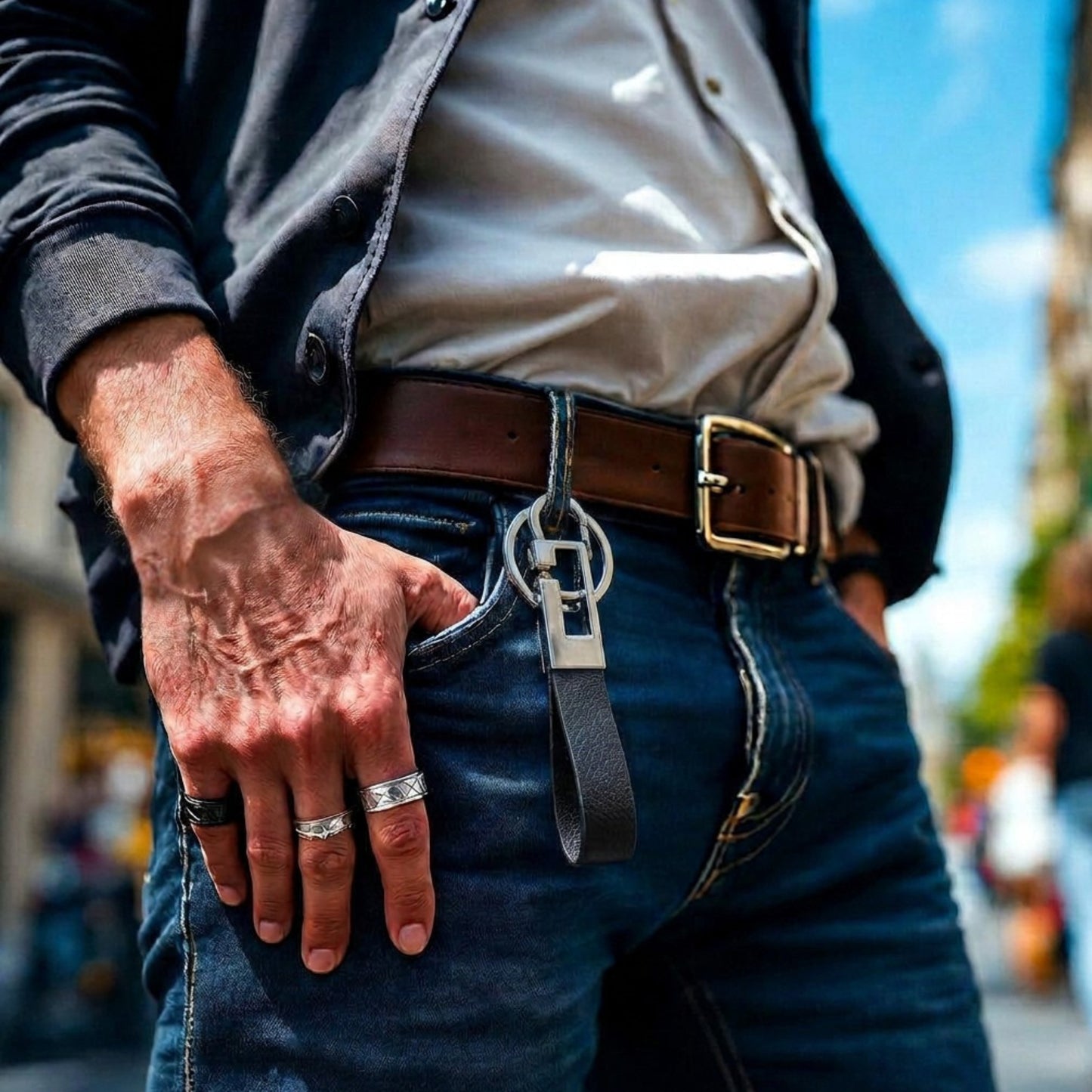 Porte clés luxe | Élégance Cuir "Prestige" noir homme jeans ciel bleu