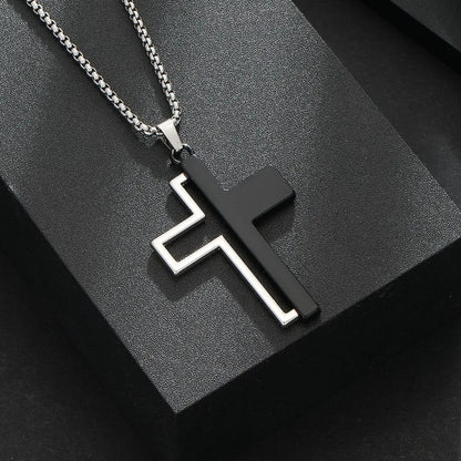 collier homme- pendentif croix brillante noir et blanc européen