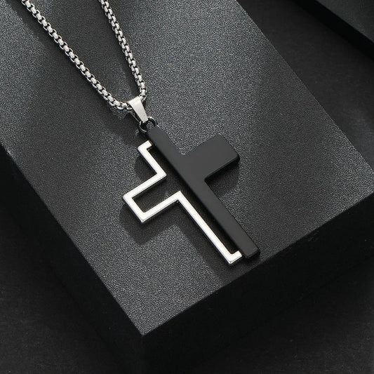 collier pour homme, croix brillante noir et blanc européen