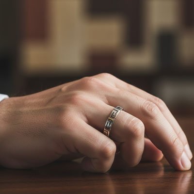 bague-homme argentee main table bois