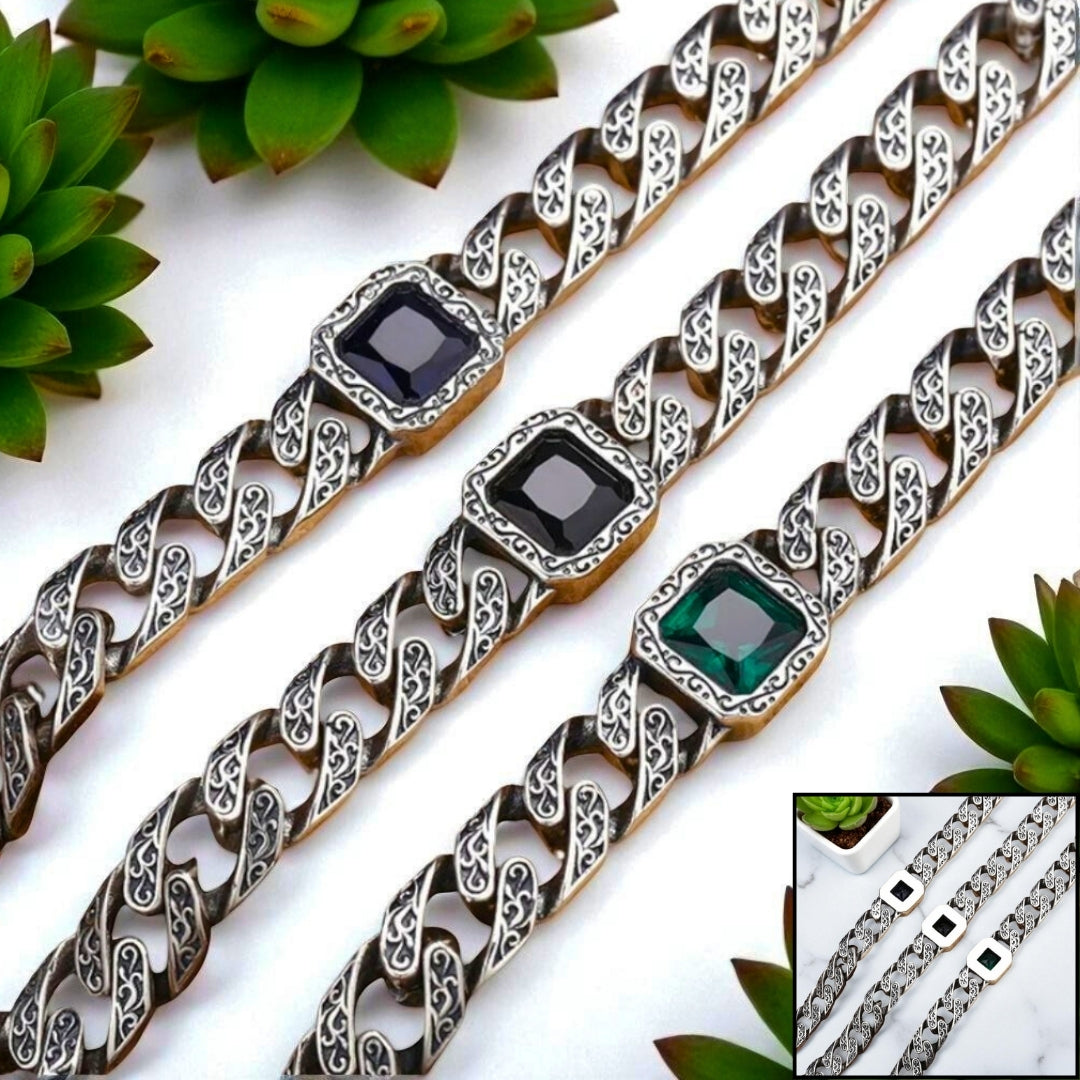 Bracelet homme trois pierre bleu vert noir présentation plantes