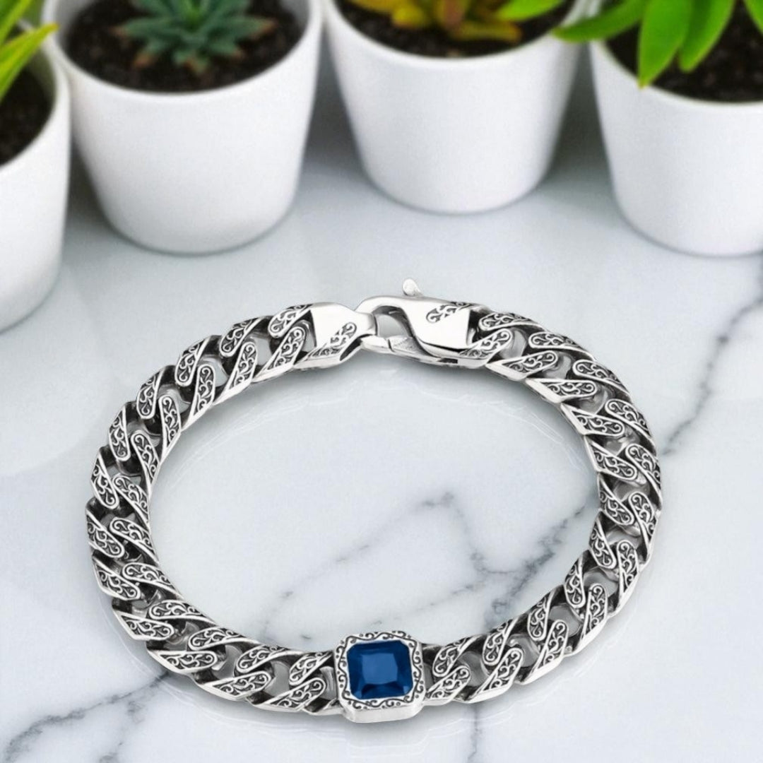 bracelet homme deep soul pierre carré bleu presentation plantes marbre