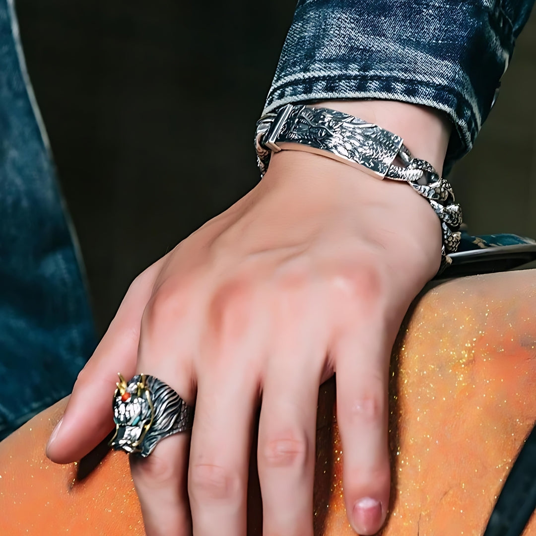 bracelet homme dragon head argent poignet main jeans