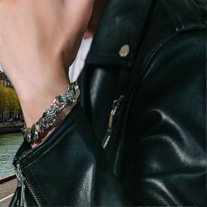 bracelet homme léopards deux tetes argent poignet cuir Paris