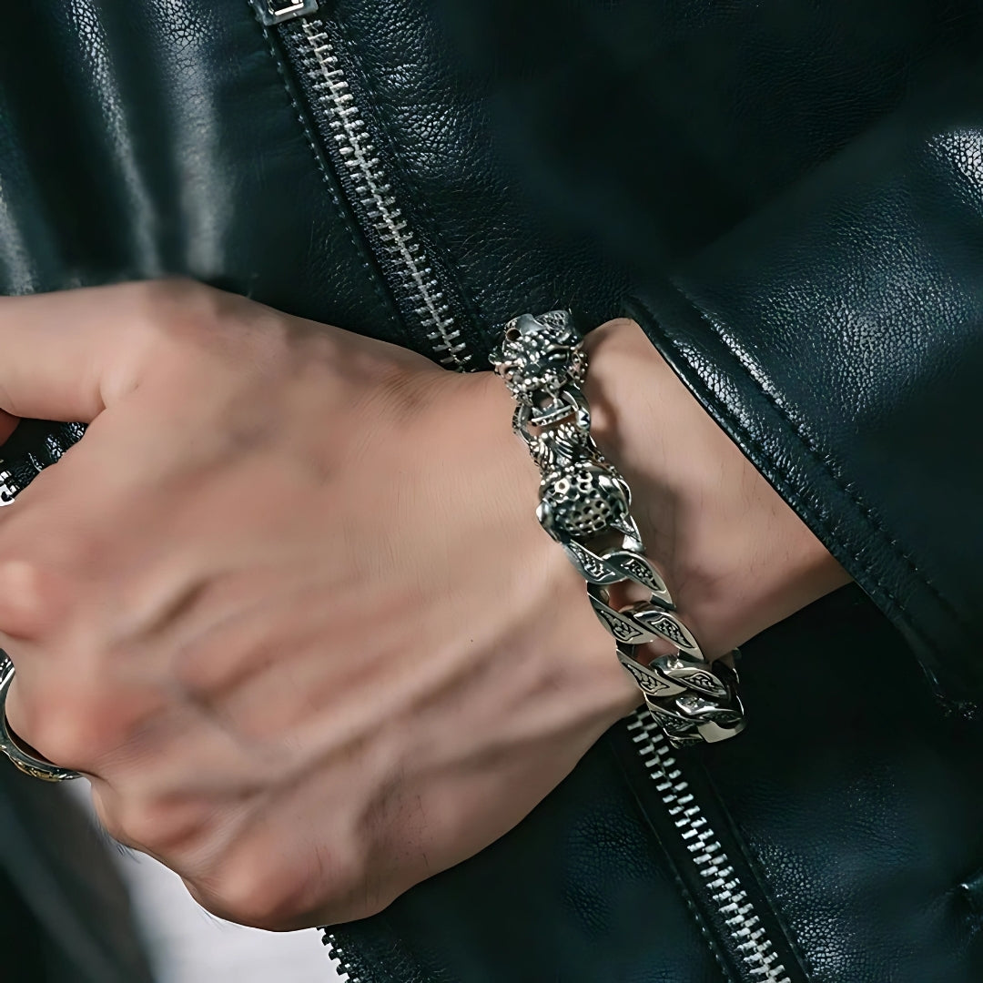 bracelet homme léopards deux tetes argent poignet cuir