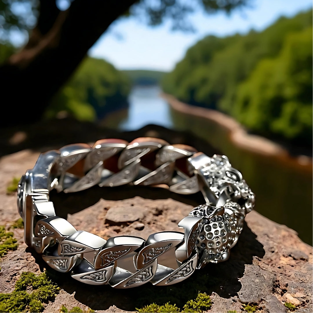 bracelet homme léopards deux tetes argent rocher riviere arbre presentation