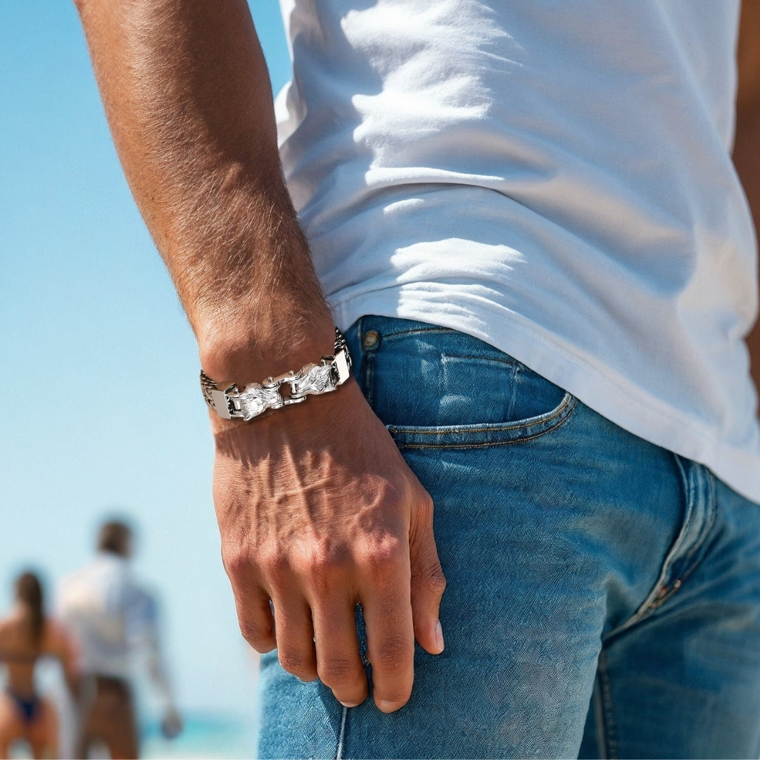 Bracelet homme Viking double tete de loup argent homme poignet exterieur