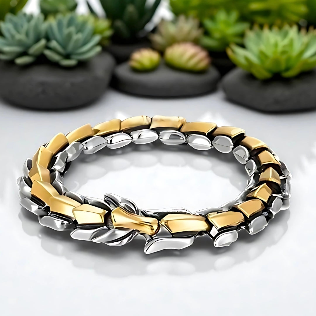 bracelet homme dragon argent et or plantes presentation