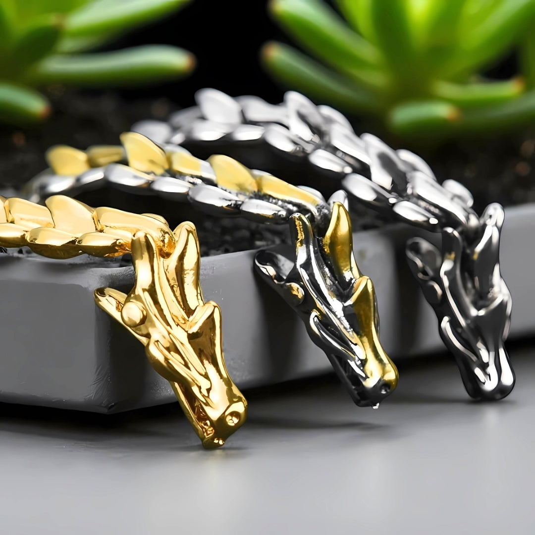 bracelet homme dragons tete  trois couleurs argent or bicouleur plantes